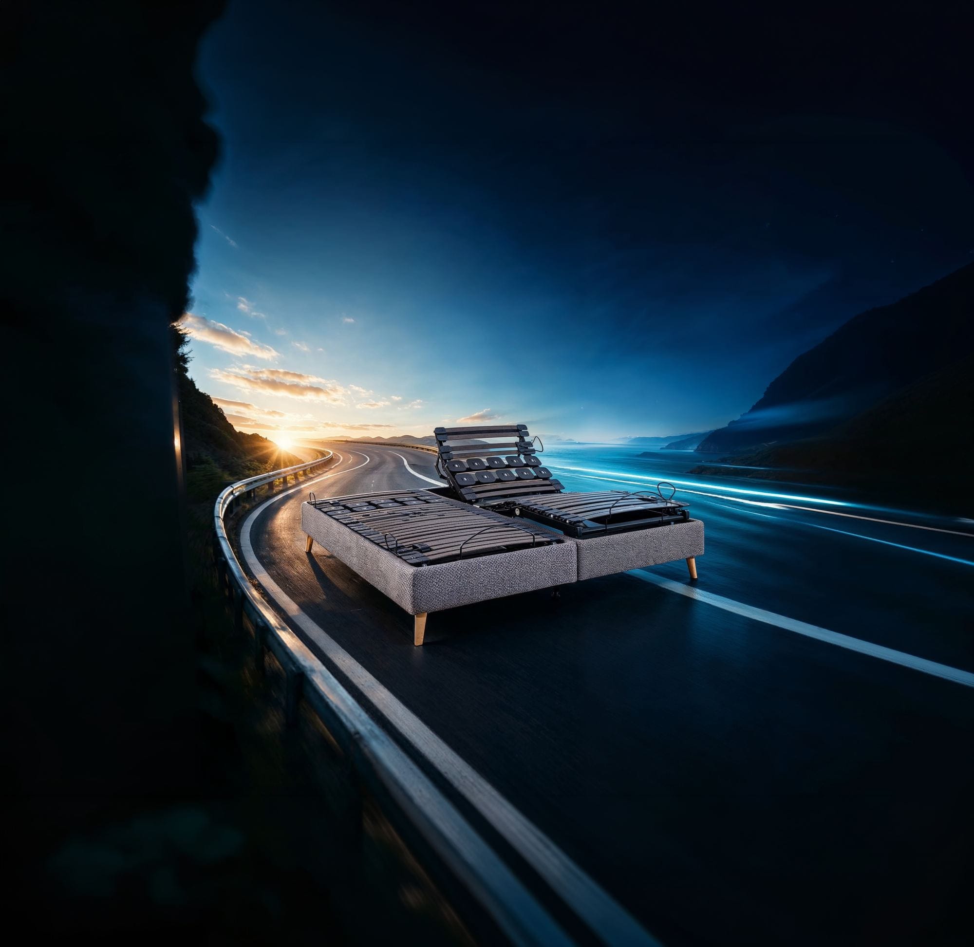 Sommier relevable électrique Diroy sur une route côtière au coucher du soleil